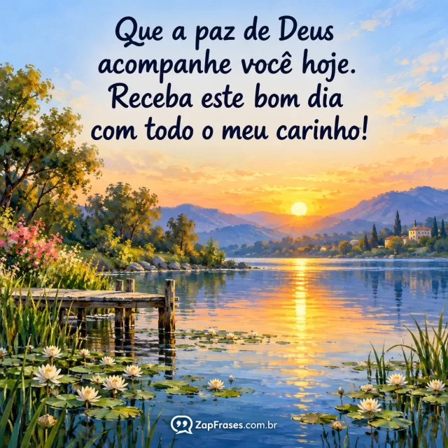 Impressionist landscape painting of calm blue lake and sunrise reflected with lily reeds, lush but not busy scenery lower two thirds, sky smooth and pale for navy readable rounded handwritten message upper third, visibly artistic brushwork.. Arte com a mensagem: Que a paz de Deus acompanhe você hoje. Receba este bom dia com todo o meu carinho!