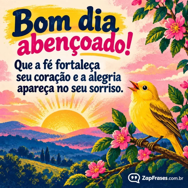 Joyful adult screenprint illustration of golden sun behind hills and one cheerful yellow bird perched on branch, pink cobalt yellow layered print texture. Balanced message upper left in bold playful readable lettering, bird lower right, no childish faces.. Arte com a mensagem: Bom dia abençoado! Que a fé fortaleça seu coração e a alegria apareça no seu sorriso.