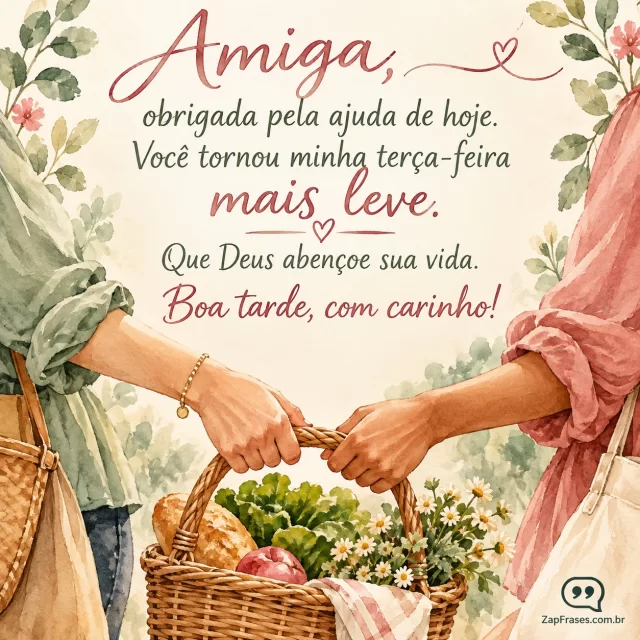 Duas mulheres adultas carregando juntas uma pequena cesta de compras, vista próxima das mãos e da cesta, sem marcas.. Arte com a mensagem: Amiga, obrigada pela ajuda de hoje. Você tornou minha terça-feira mais leve. Que Deus abençoe sua vida. Boa tarde, com carinho!