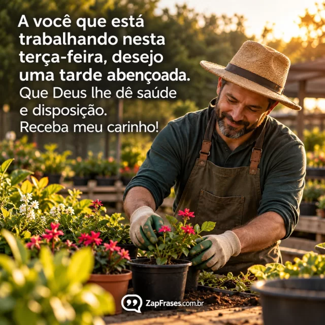 Adulto de avental cuidando de plantas num viveiro iluminado pela tarde, mãos em ação, cenário de trabalho real sem letreiros.. Arte com a mensagem: A você que está trabalhando nesta terça-feira, desejo uma tarde abençoada. Que Deus lhe dê saúde e disposição. Receba meu carinho!
