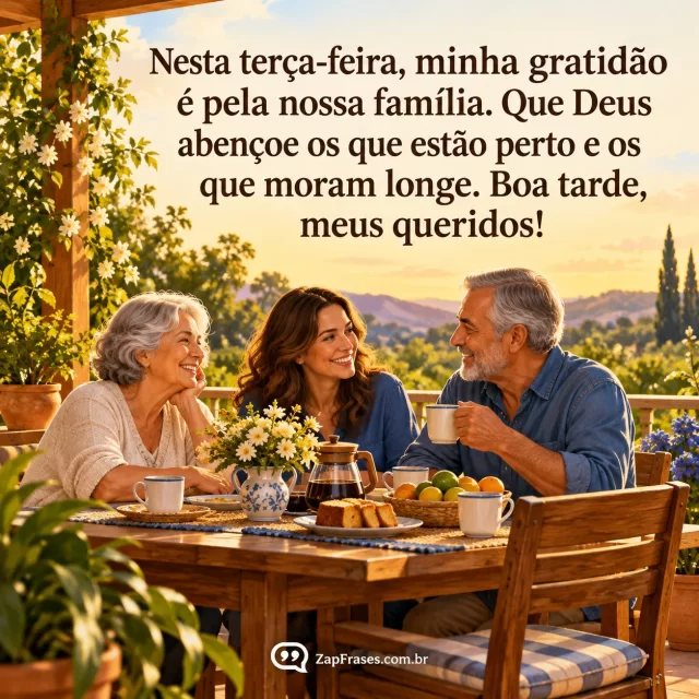 Família multigeracional adulta reunida à mesa na varanda durante a tarde, clima carinhoso, três pessoas e cadeira adicional, sem escrita em objetos.. Arte com a mensagem: Nesta terça-feira, minha gratidão é pela nossa família. Que Deus abençoe os que estão perto e os que moram longe. Boa tarde, meus queridos!