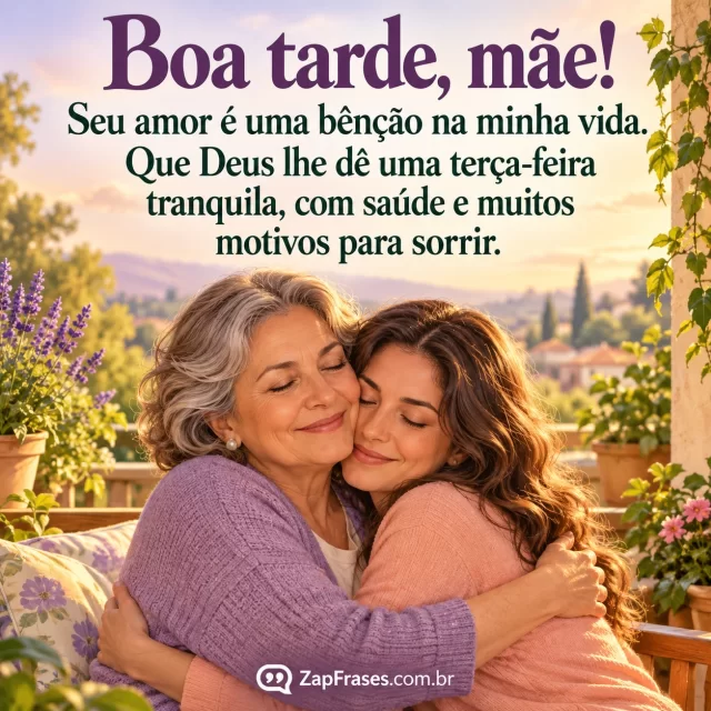 Mãe adulta mais velha abraça filha adulta na varanda de casa, luz suave de tarde, plantas discretas.. Arte com a mensagem: Boa tarde, mãe! Seu amor é uma bênção na minha vida. Que Deus lhe dê uma terça-feira tranquila, com saúde e muitos motivos para sorrir.