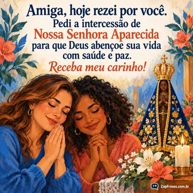 Duas amigas adultas próximas, ao lado de pequena imagem da Padroeira e flores em ambiente de devoção. Arte com a mensagem: Amiga, hoje rezei por você. Pedi a intercessão de Nossa Senhora Aparecida para que Deus abençoe sua vida com saúde e paz. Receba meu carinho!