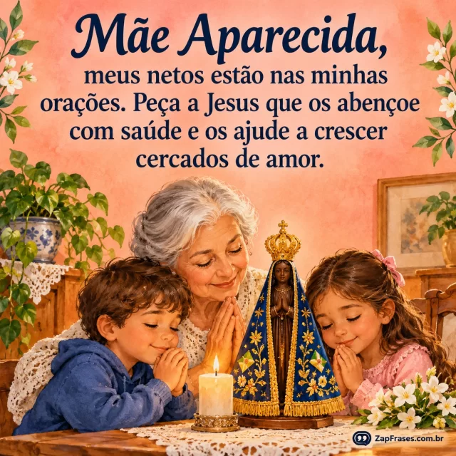 Avó adulta e dois netos reunidos junto a imagem da Padroeira em casa acolhedora. Arte com a mensagem: Mãe Aparecida, meus netos estão nas minhas orações. Peça a Jesus que os abençoe com saúde e os ajude a crescer cercados de amor.
