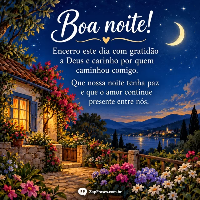 Jardim florido junto a pequena casa de janela acesa sob céu de primeiras estrelas.. Arte com a mensagem: Boa noite! Encerro este dia com gratidão a Deus e carinho por quem caminhou comigo. Que nossa noite tenha paz e que o amor continue presente entre nós.