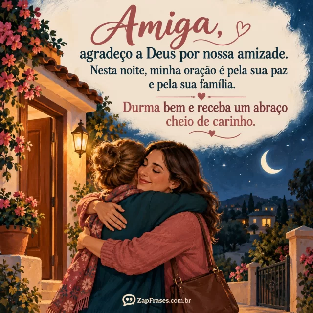 Duas amigas adultas abraçadas na despedida diante de uma casa com luz acesa à noite.. Arte com a mensagem: Amiga, agradeço a Deus por nossa amizade. Nesta noite, minha oração é pela sua paz e pela sua família. Durma bem e receba um abraço cheio de carinho.