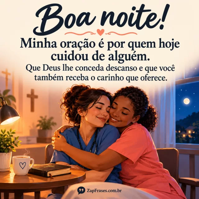 Cuidadora adulta recebe abraço de colega ao final do dia, pequena mesa e luz de janela noturna.. Arte com a mensagem: Boa noite! Minha oração é por quem hoje cuidou de alguém. Que Deus lhe conceda descanso e que você também receba o carinho que oferece.