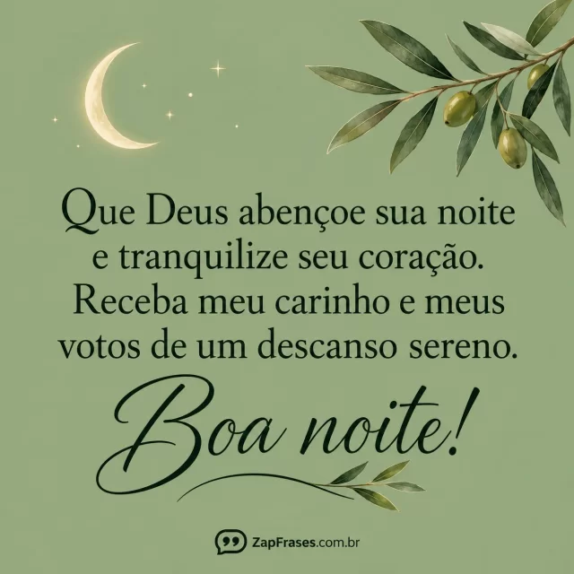 Pequena lua crescente e delicado ramo de oliveira em canto de fundo verde-sálvia sólido.. Arte com a mensagem: Que Deus abençoe sua noite e tranquilize seu coração. Receba meu carinho e meus votos de um descanso sereno. Boa noite!