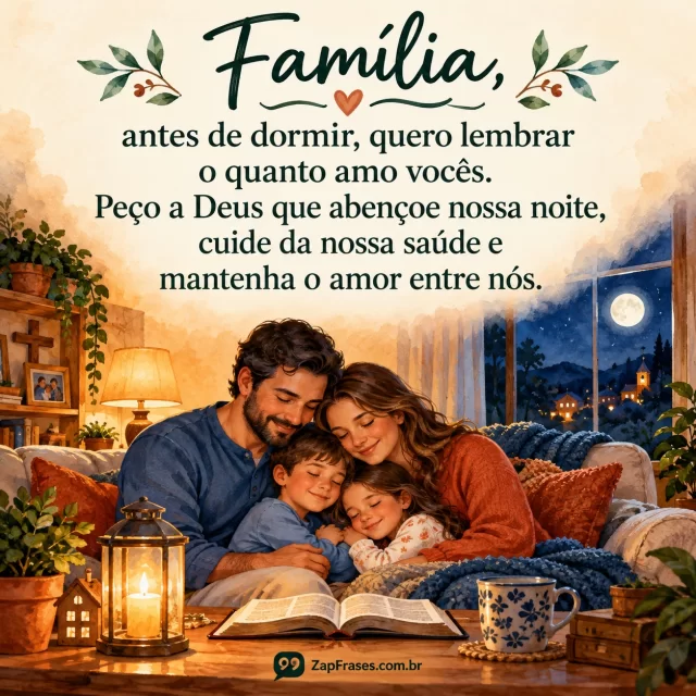 Família adulta com criança abraçada em sala acolhedora, janela revela noite; gesto calmo sem poses infantis.. Arte com a mensagem: Família, antes de dormir, quero lembrar o quanto amo vocês. Peço a Deus que abençoe nossa noite, cuide da nossa saúde e mantenha o amor entre nós.
