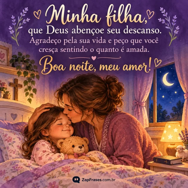 Mãe adulta dá beijo na testa da filha criança sentada na cama, coberta delicada e luz noturna.. Arte com a mensagem: Minha filha, que Deus abençoe seu descanso. Agradeço pela sua vida e peço que você cresça sentindo o quanto é amada. Boa noite, meu amor!