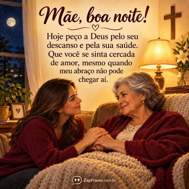 Filha adulta segura carinhosamente mãos da mãe grisalha em poltrona, luz quente de abajur.. Arte com a mensagem: Mãe, boa noite! Hoje peço a Deus pelo seu descanso e pela sua saúde. Que você se sinta cercada de amor, mesmo quando meu abraço não pode chegar aí.