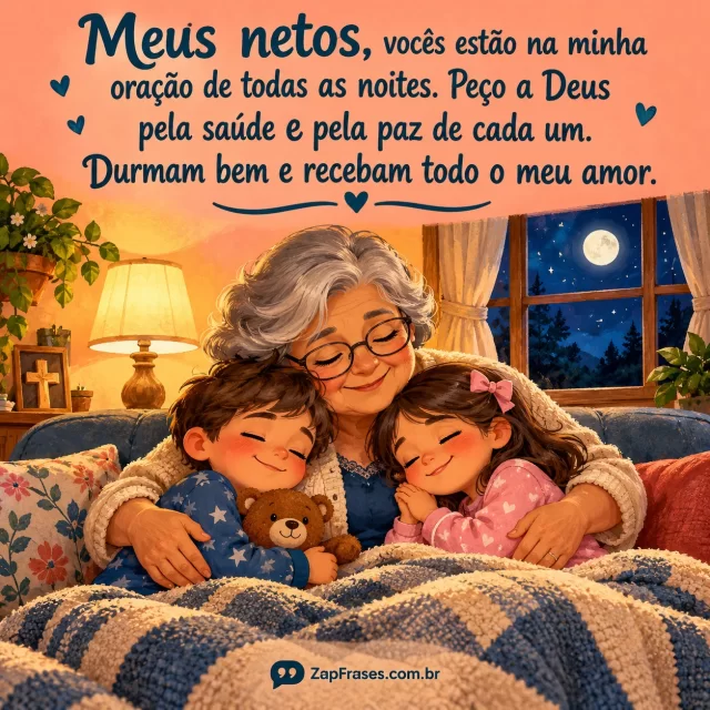 Avó adulta abraça dois netos em sofá com manta e janela noturna.. Arte com a mensagem: Meus netos, vocês estão na minha oração de todas as noites. Peço a Deus pela saúde e pela paz de cada um. Durmam bem e recebam todo o meu amor.