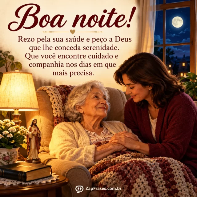 Mulher adulta segura a mão de pessoa idosa sentada em poltrona, pequeno abajur e noite na janela.. Arte com a mensagem: Boa noite! Rezo pela sua saúde e peço a Deus que lhe conceda serenidade. Que você encontre cuidado e companhia nos dias em que mais precisa.