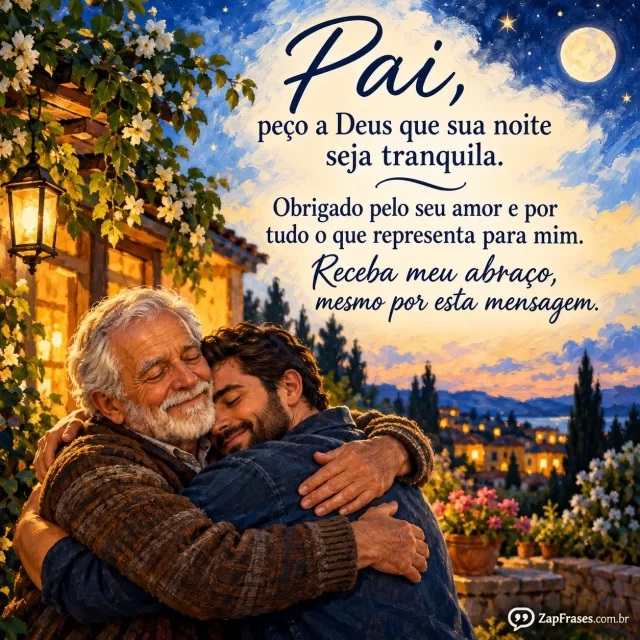 Pai idoso e filho adulto se abraçam em jardim ao anoitecer, luz de casa ao fundo.. Arte com a mensagem: Pai, peço a Deus que sua noite seja tranquila. Obrigado pelo seu amor e por tudo o que representa para mim. Receba meu abraço, mesmo por esta mensagem.