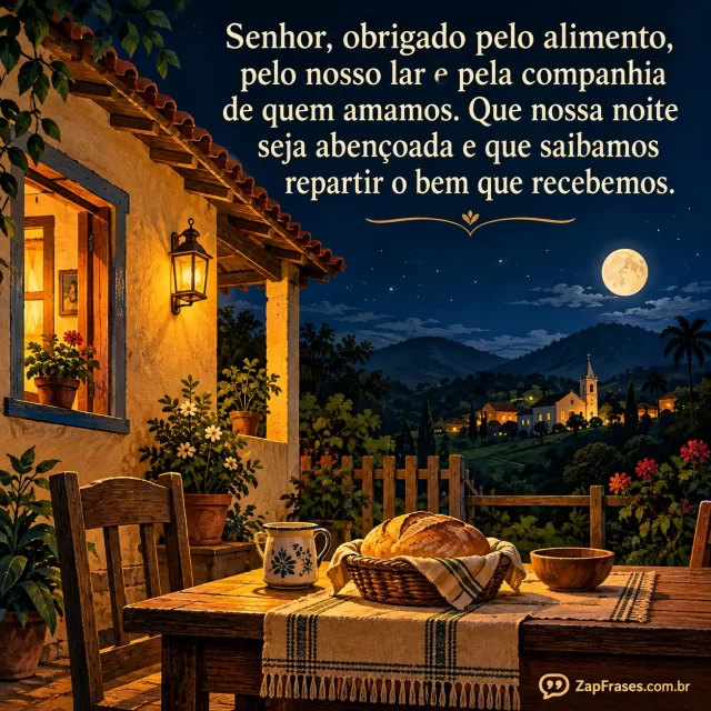Casa simples iluminada à noite e pequena mesa com pão representados em gravura adulta.. Arte com a mensagem: Senhor, obrigado pelo alimento, pelo nosso lar e pela companhia de quem amamos. Que nossa noite seja abençoada e que saibamos repartir o bem que recebemos.