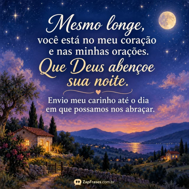 Duas pequenas casas distantes com janelas iluminadas sob o mesmo céu estrelado.. Arte com a mensagem: Mesmo longe, você está no meu coração e nas minhas orações. Que Deus abençoe sua noite. Envio meu carinho até o dia em que possamos nos abraçar.
