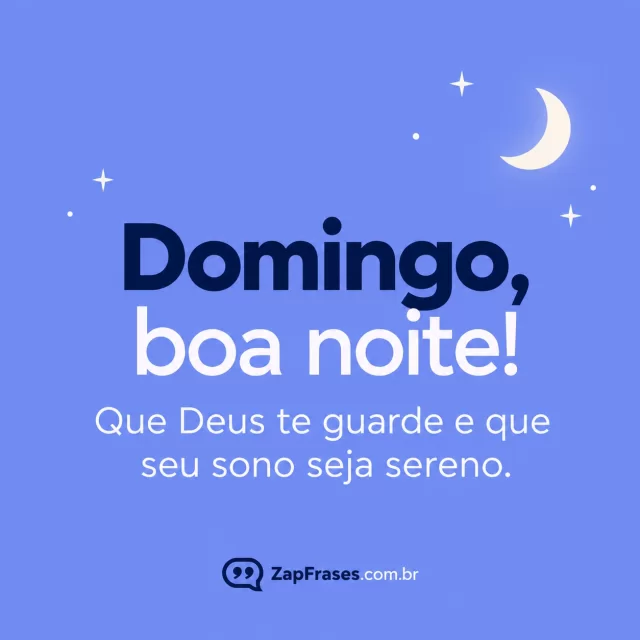 Azul-lavanda liso com lua pequena branca.. Arte com a mensagem: Domingo, boa noite! Que Deus te guarde e que seu sono seja sereno.