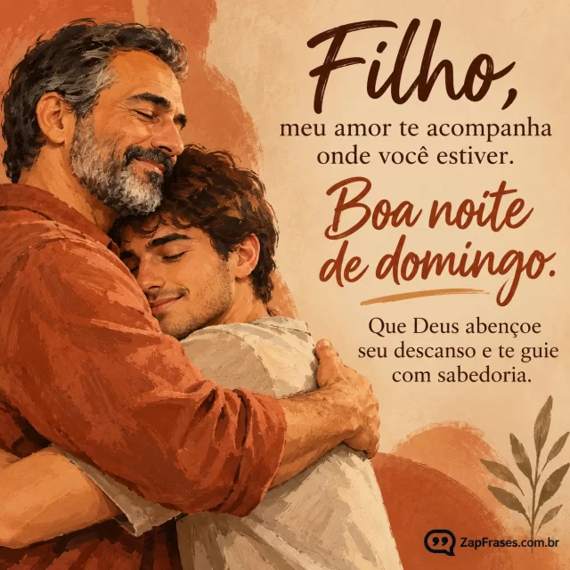 Pai abraçando filho jovem adulto, composição lateral.. Arte com a mensagem: Filho, meu amor te acompanha onde você estiver. Boa noite de domingo. Que Deus abençoe seu descanso e te guie com sabedoria.