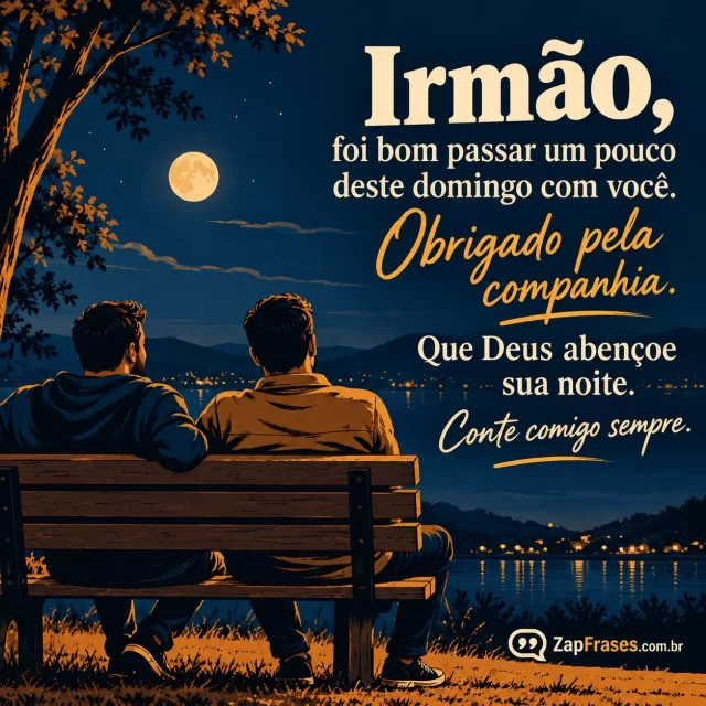 Dois irmãos adultos sentados num banco, faixa inferior azul e ocre.. Arte com a mensagem: Irmão, foi bom passar um pouco deste domingo com você. Obrigado pela companhia. Que Deus abençoe sua noite. Conte comigo sempre.