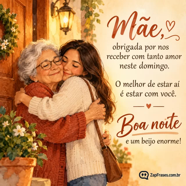 Mãe idosa e filha adulta num abraço ao lado da porta, luminária suave.. Arte com a mensagem: Mãe, obrigada por nos receber com tanto amor neste domingo. O melhor de estar aí é estar com você. Boa noite e um beijo enorme!
