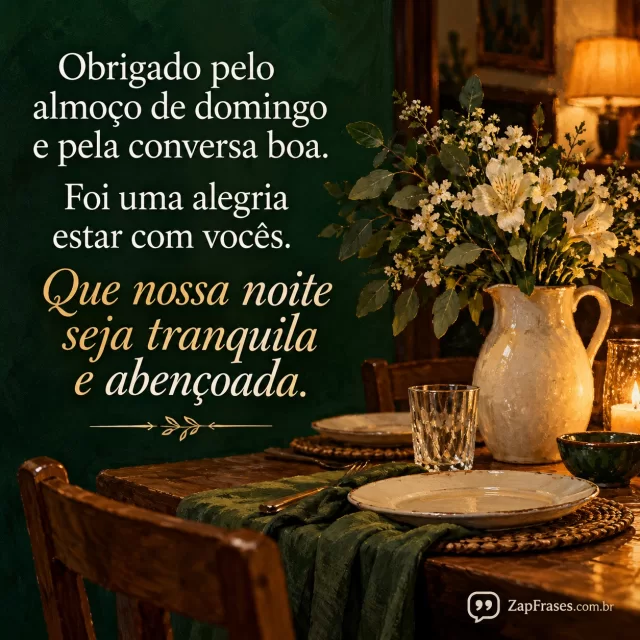 Mesa com pratos simples e jarra de flores, luz doméstica noturna, sem excesso.. Arte com a mensagem: Obrigado pelo almoço de domingo e pela conversa boa. Foi uma alegria estar com vocês. Que nossa noite seja tranquila e abençoada.