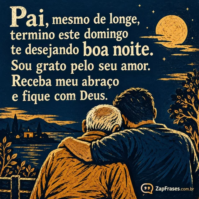 Pai idoso e filho adulto num abraço na borda inferior, azul e ocre.. Arte com a mensagem: Pai, mesmo de longe, termino este domingo te desejando boa noite. Sou grato pelo seu amor. Receba meu abraço e fique com Deus.