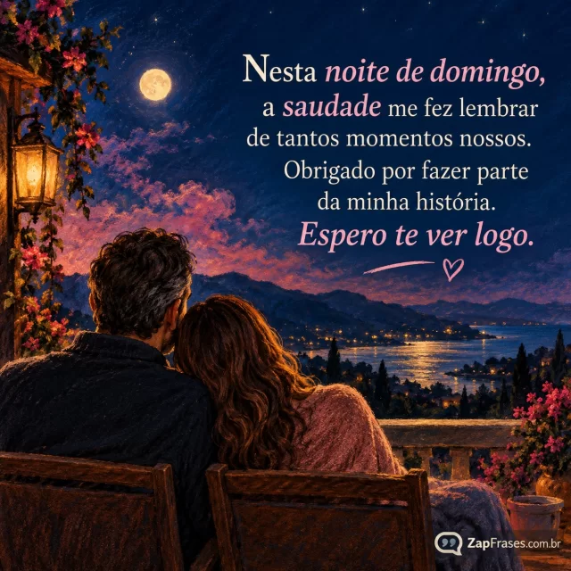 Duas pessoas adultas vistas de costas lado a lado numa varanda, céu noturno.. Arte com a mensagem: Nesta noite de domingo, a saudade me fez lembrar de tantos momentos nossos. Obrigado por fazer parte da minha história. Espero te ver logo.
