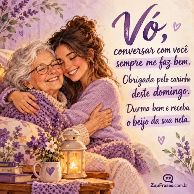 Avó e neta adulta sorrindo num abraço, pequena luminária.. Arte com a mensagem: Vó, conversar com você sempre me faz bem. Obrigada pelo carinho deste domingo. Durma bem e receba o beijo da sua neta.
