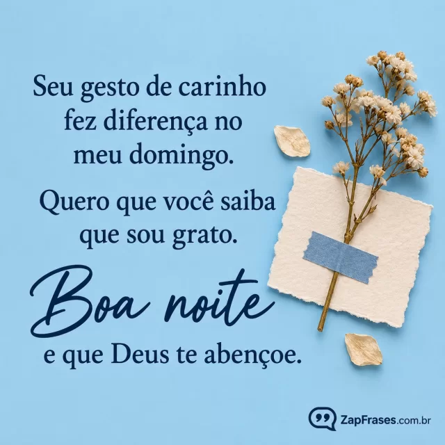 Pequeno bilhete com flor seca sobre azul-claro liso, sem texto extra no bilhete.. Arte com a mensagem: Seu gesto de carinho fez diferença no meu domingo. Quero que você saiba que sou grato. Boa noite e que Deus te abençoe.