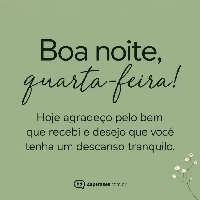 Fundo verde-sálvia liso, minúsculo ramo branco no canto.. Arte com a mensagem: Boa noite, quarta-feira! Hoje agradeço pelo bem que recebi e desejo que você tenha um descanso tranquilo.