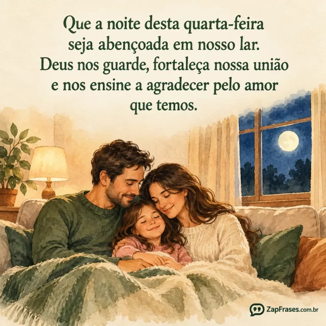 Uma família com pais e criança sentada junta no sofá; janela com lua ao fundo.. Arte com a mensagem: Que a noite desta quarta-feira seja abençoada em nosso lar. Deus nos guarde, fortaleça nossa união e nos ensine a agradecer pelo amor que temos.