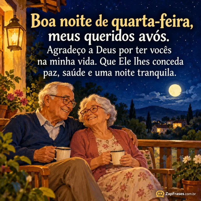Casal idoso sorridente sentado lado a lado numa varanda com luz amarela suave.. Arte com a mensagem: Boa noite de quarta-feira, meus queridos avós. Agradeço a Deus por ter vocês na minha vida. Que Ele lhes conceda paz, saúde e uma noite tranquila.