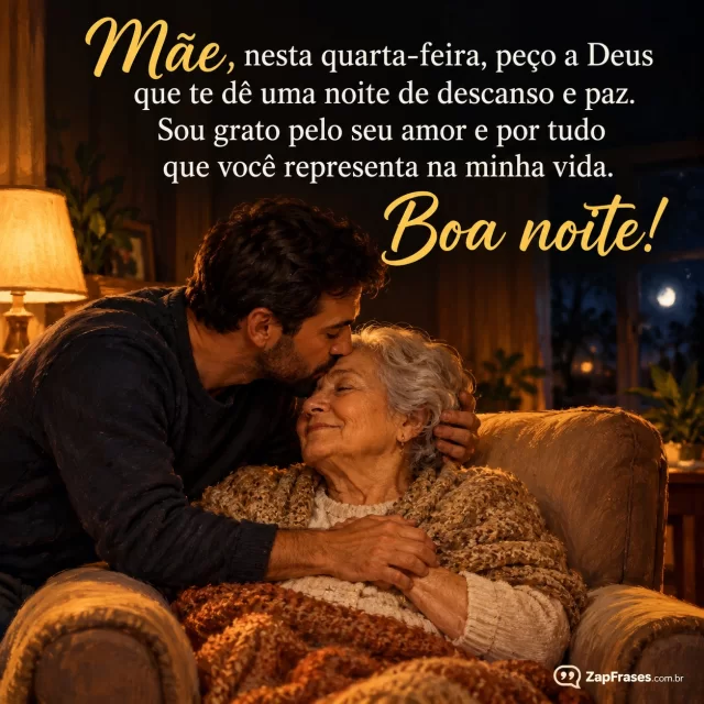 Filho adulto beijando a testa da mãe idosa numa sala aconchegante à noite.. Arte com a mensagem: Mãe, nesta quarta-feira, peço a Deus que te dê uma noite de descanso e paz. Sou grato pelo seu amor e por tudo que você representa na minha vida. Boa noite!
