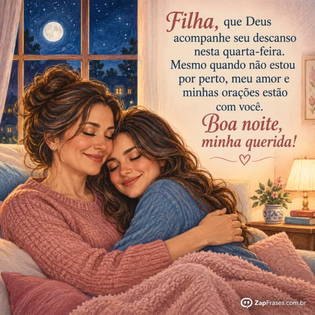 Mãe adulta e filha adulta trocando abraço, janela com noite ao fundo.. Arte com a mensagem: Filha, que Deus acompanhe seu descanso nesta quarta-feira. Mesmo quando não estou por perto, meu amor e minhas orações estão com você. Boa noite, minha querida!