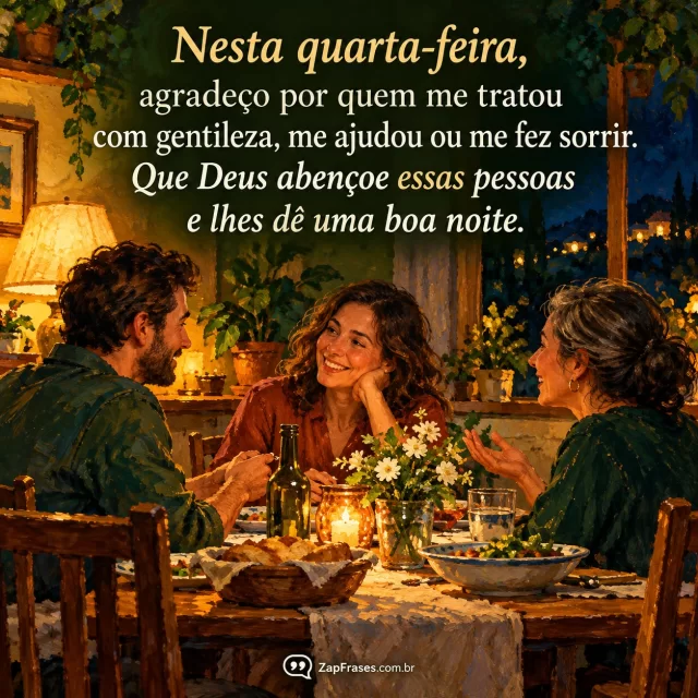 Mesa de jantar simples onde três adultos conversam em casa, atmosfera afetuosa noturna.. Arte com a mensagem: Nesta quarta-feira, agradeço por quem me tratou com gentileza, me ajudou ou me fez sorrir. Que Deus abençoe essas pessoas e lhes dê uma boa noite.