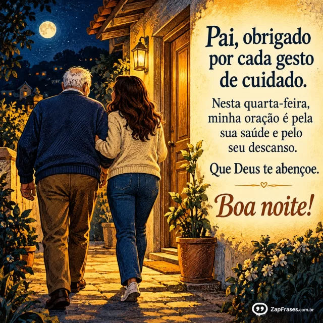 Pai idoso e filha adulta de braços dados caminhando até a porta de casa à noite.. Arte com a mensagem: Pai, obrigado por cada gesto de cuidado. Nesta quarta-feira, minha oração é pela sua saúde e pelo seu descanso. Que Deus te abençoe. Boa noite!