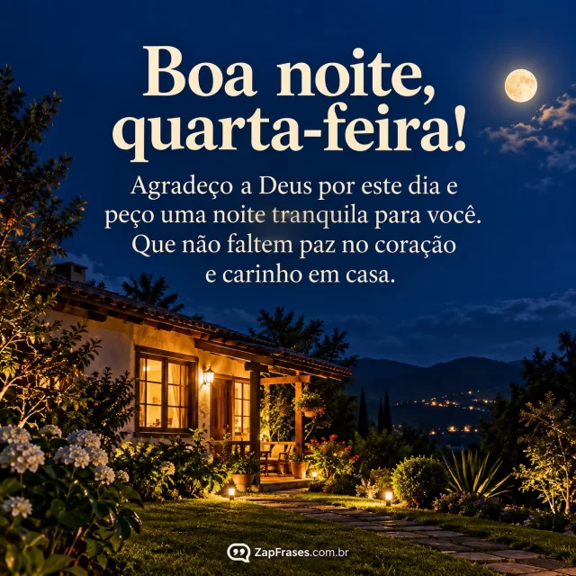 Uma casa pequena iluminada vista de jardim, céu azul profundo e lua suave.. Arte com a mensagem: Boa noite, quarta-feira! Agradeço a Deus por este dia e peço uma noite tranquila para você. Que não faltem paz no coração e carinho em casa.