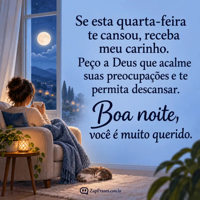 Pessoa adulta relaxando numa poltrona perto da janela; manta e luar delicado.. Arte com a mensagem: Se esta quarta-feira te cansou, receba meu carinho. Peço a Deus que acalme suas preocupações e te permita descansar. Boa noite, você é muito querido.