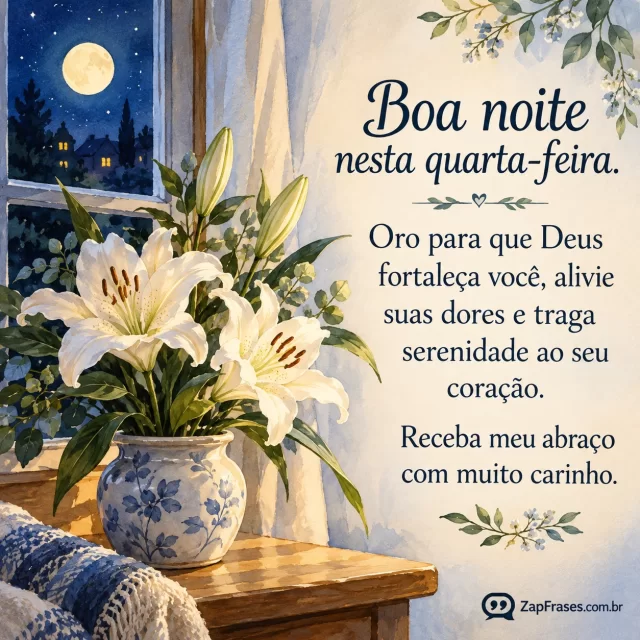 Lírios delicados em vaso pequeno junto a janela noturna, símbolo de cuidado sereno.. Arte com a mensagem: Boa noite nesta quarta-feira. Oro para que Deus fortaleça você, alivie suas dores e traga serenidade ao seu coração. Receba meu abraço com muito carinho.