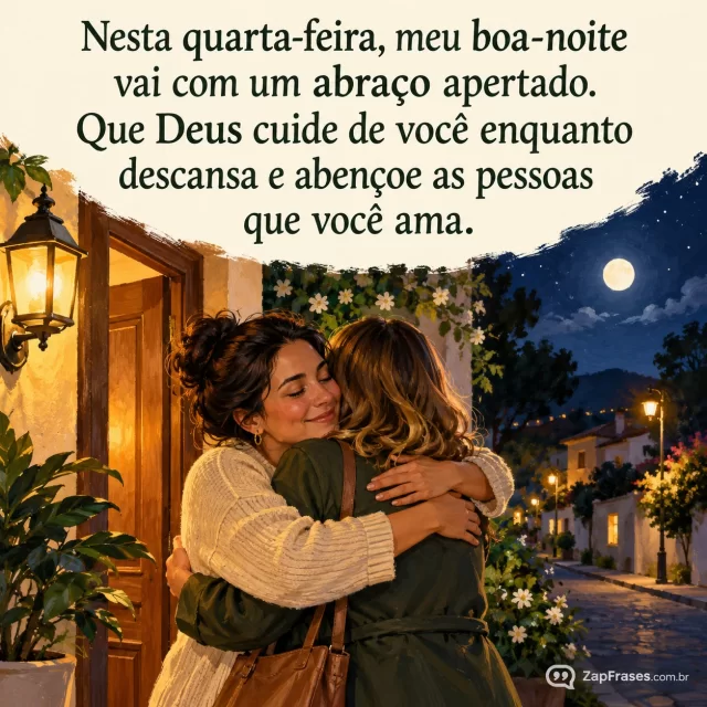 Duas mulheres adultas num abraço afetuoso ao se despedirem à porta de casa à noite.. Arte com a mensagem: Nesta quarta-feira, meu boa-noite vai com um abraço apertado. Que Deus cuide de você enquanto descansa e abençoe as pessoas que você ama.