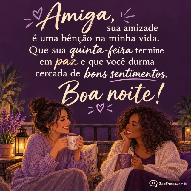 Duas amigas adultas conversando à noite numa varanda.. Arte com a mensagem: Amiga, sua amizade é uma bênção na minha vida. Que sua quinta-feira termine em paz e que você durma cercada de bons sentimentos. Boa noite!