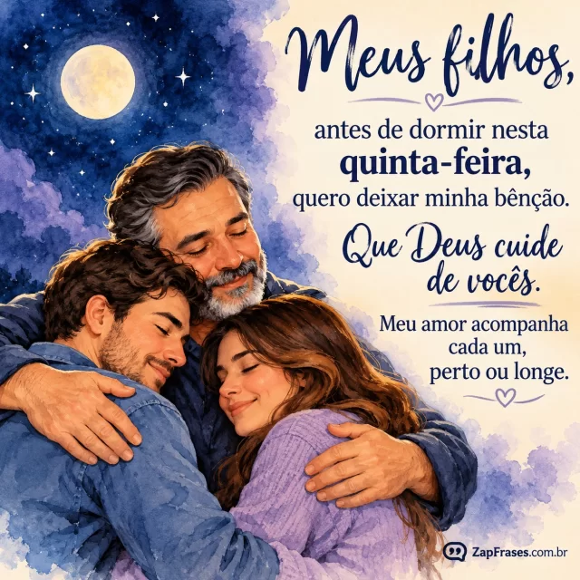 Pai abraçando dois filhos adultos, traços delicados com noite ao fundo.. Arte com a mensagem: Meus filhos, antes de dormir nesta quinta-feira, quero deixar minha bênção. Que Deus cuide de vocês. Meu amor acompanha cada um, perto ou longe.