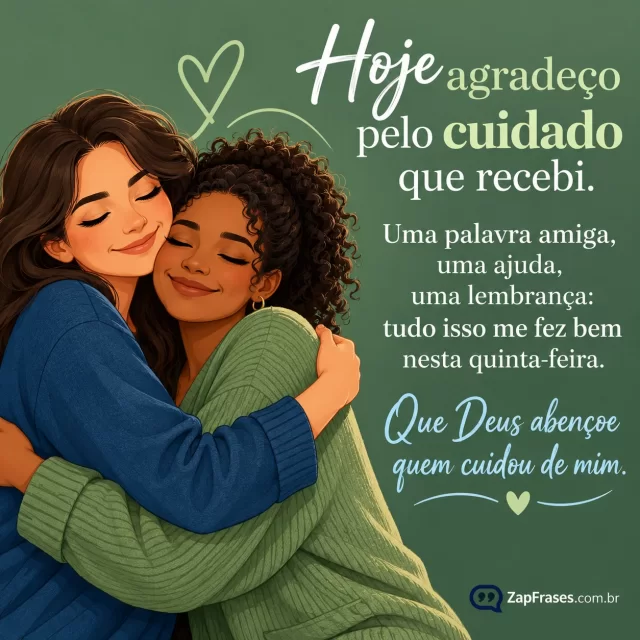 Duas pessoas adultas num gesto de acolhimento, composição simples.. Arte com a mensagem: Hoje agradeço pelo cuidado que recebi. Uma palavra amiga, uma ajuda, uma lembrança: tudo isso me fez bem nesta quinta-feira. Que Deus abençoe quem cuidou de mim.