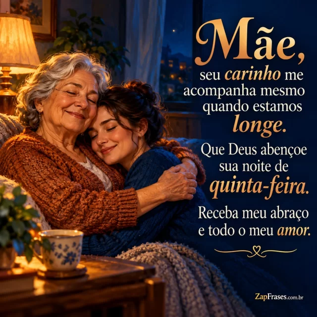 Mãe idosa e filha adulta se abraçando numa sala noturna.. Arte com a mensagem: Mãe, seu carinho me acompanha mesmo quando estamos longe. Que Deus abençoe sua noite de quinta-feira. Receba meu abraço e todo o meu amor.