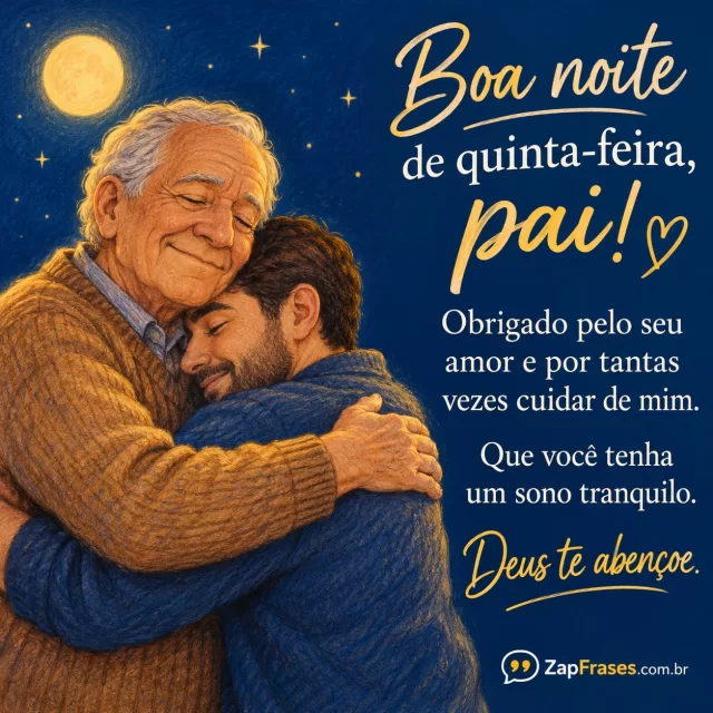 Pai idoso e filho adulto num abraço, fundo noturno suave.. Arte com a mensagem: Boa noite de quinta-feira, pai! Obrigado pelo seu amor e por tantas vezes cuidar de mim. Que você tenha um sono tranquilo. Deus te abençoe.