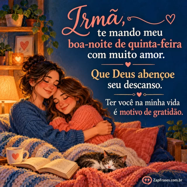 Duas irmãs adultas num abraço carinhoso, noite doméstica.. Arte com a mensagem: Irmã, te mando meu boa-noite de quinta-feira com muito amor. Que Deus abençoe seu descanso. Ter você na minha vida é motivo de gratidão.