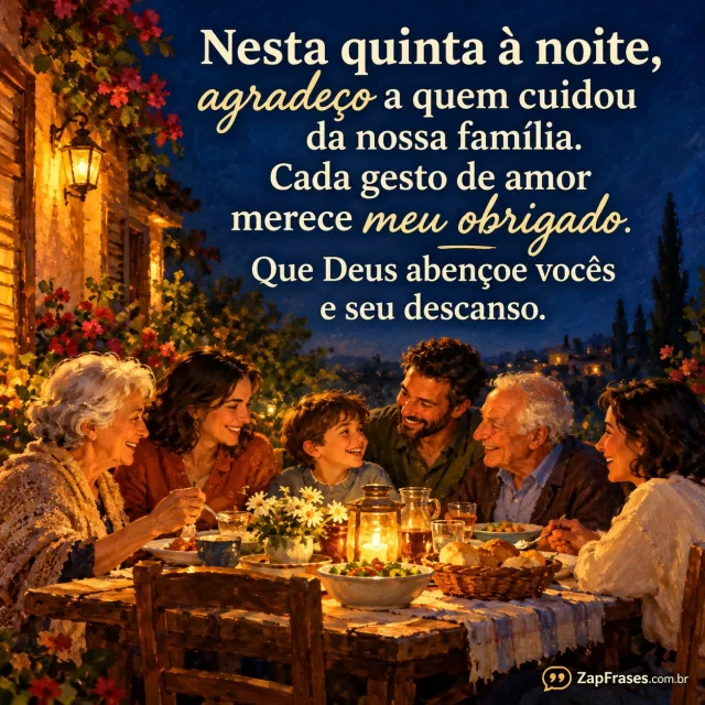 Família reunida com idosos numa mesa simples ao anoitecer.. Arte com a mensagem: Nesta quinta à noite, agradeço a quem cuidou da nossa família. Cada gesto de amor merece meu obrigado. Que Deus abençoe vocês e seu descanso.