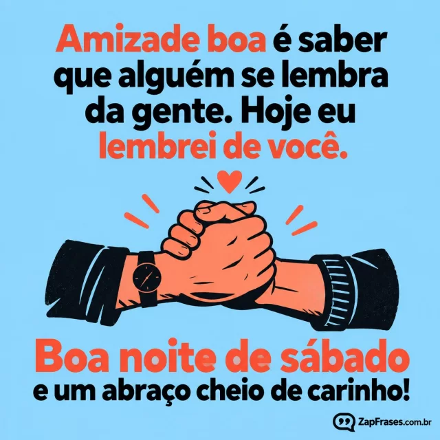 Duas mãos num aperto cordial pequeno, fundo azul-claro.. Arte com a mensagem: Amizade boa é saber que alguém se lembra da gente. Hoje eu lembrei de você. Boa noite de sábado e um abraço cheio de carinho!
