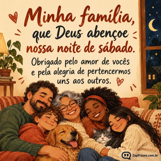 Família diversa abraçada na faixa inferior, janela noturna pequena.. Arte com a mensagem: Minha família, que Deus abençoe nossa noite de sábado. Obrigado pelo amor de vocês e pela alegria de pertencermos uns aos outros.
