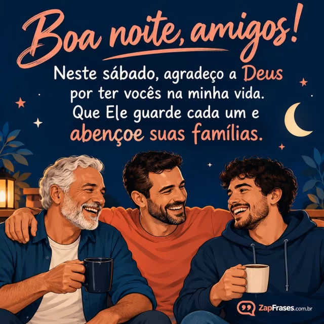 Três amigos adultos de diferentes idades juntos na faixa inferior.. Arte com a mensagem: Boa noite, amigos! Neste sábado, agradeço a Deus por ter vocês na minha vida. Que Ele guarde cada um e abençoe suas famílias.